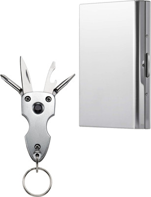 StealODeal Multi-tool 6 in 1 Keychain with Silver Stainless Steel 6 Card Holder(Set of 2, Silver)
