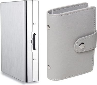 StealODeal PU Leather PVC Business 26 Slot With RFID Blocking Metal Credit/Debit Slot 8 Card Holder(Set of 2, Silver, Grey)