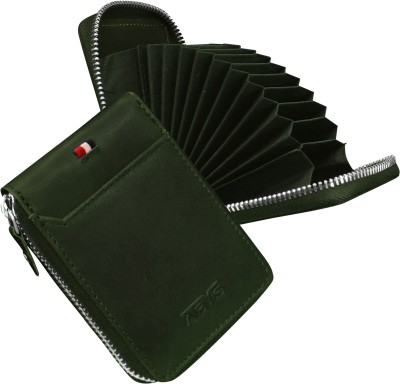 ABYS Genuine Leather RFID protection Olive Card Holder with Metallic Zip Closure 10 Card Holder(Set of 1, Green)