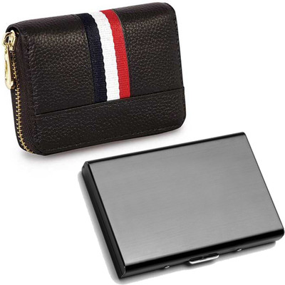 StealODeal Combo of Pu Leather & Stainless Steel Front Pocket Credit/Debit 15 Card Holder(Set of 2, Brown, Black)