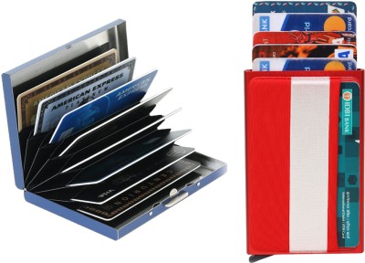StealODeal RFID Stainless Steel Blue with Slim Aluminium Pop Up Red Debit/Credit/ATM 8 Card Holder(Set of 2, Blue, Red)