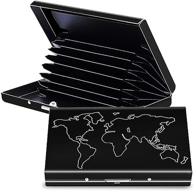 StealODeal Worldly Elegance: Metal Card Holder with Laser-Printed World Map Credit/Debit 8 Card Holder(Set of 1, Black)