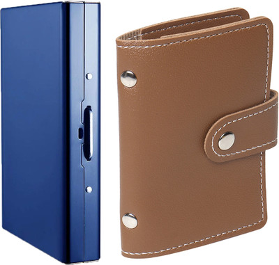 StealODeal PU Leather PVC Business 26 Slot With RFID Blocking Metal Credit/Debit Slot 8 Card Holder(Set of 2, Blue, Brown)
