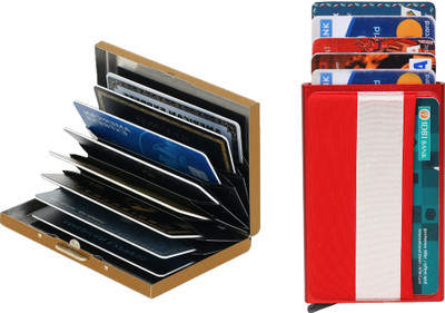 StealODeal RFID Stainless Steel Gold with Slim Aluminium Pop Up Red Debit/Credit/ATM 8 Card Holder(Set of 2, Gold, Red)
