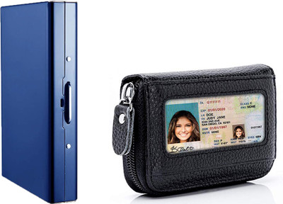StealODeal RFID Blocking Metal 8 Slot With RFID Protected Black Leather Zipper Case Slot 10 Card Holder(Set of 2, Blue, Black)