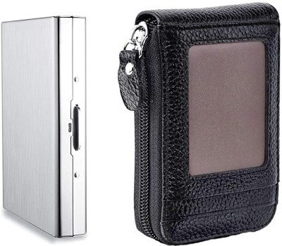 StealODeal Leather 9 Cards Slots & 2 Cash Slots & 1 ID Slot With RFID Blocking Metal Slot 8 Card Holder(Set of 2, Silver, Black)