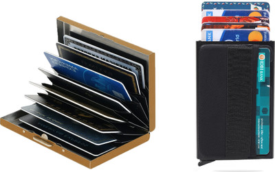 StealODeal RFID Stainless Steel Gold with Slim Aluminium Pop Up Black Debit/Credit/ATM 8 Card Holder(Set of 2, Gold, Black)