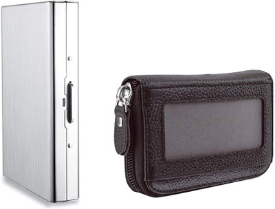 StealODeal RFID Blocking Metal 8 Slot With RFID Protected Black Leather Zipper Case Slot 10 Card Holder(Set of 2, Silver, Brown)