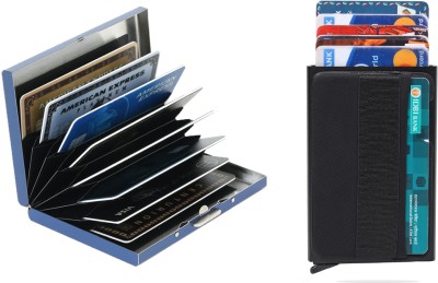 StealODeal RFID Stainless Steel Blue with Slim Aluminium Pop Up Black Debit/Credit/ATM 8 Card Holder(Set of 2, Blue, Black)