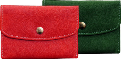 MATSS Faux Leather Mini Wallet for Men and Women ATM Card Case 2 Card Holder(Set of 2, Red, Green)