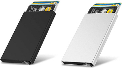 Adoere Metal Unisex RFID Protected Smart Pop Up Wallet ( Black & Silver -Pack 2) 6 Card Holder(Set of 2, Silver, Black)