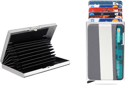 StealODeal RFID Stainless Steel Silver with Slim Aluminium Pop Up Black Debit/Credit/ATM 8 Card Holder(Set of 2, Black)