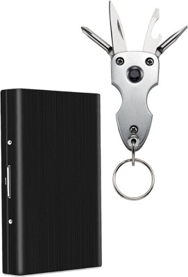 StealODeal Multi-tool Keychain with Black Stainless Steel 6 Card Holder(Set of 2, Black, Silver)