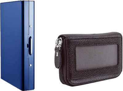 StealODeal RFID Blocking Metal 8 Slot With RFID Protected Brown Leather Zipper Case Slot 10 Card Holder(Set of 2, Blue, Brown)