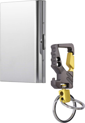 StealODeal Bottle Opener Hook Keychain with Silver Stainless Steel 6 Card Holder(Set of 2, Silver, Grey)
