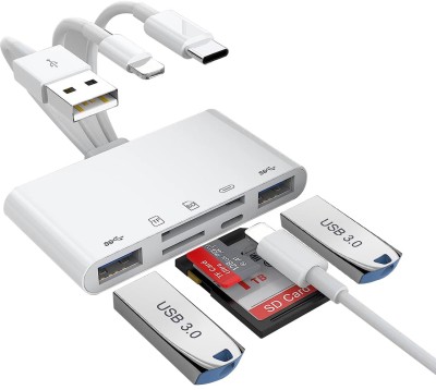 Zorbes 5-in-1 Memory Card Reader OTG Adapter with 2 USB Port Micro SD & SD Card Card Reader(Silver)