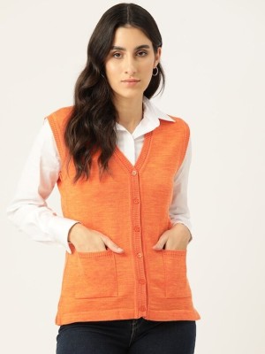 MONTE CARLO Solid V Neck Casual Women Orange Sweater