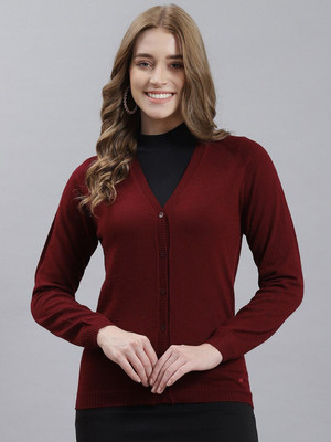 MONTE CARLO Solid V Neck Casual Women Maroon Sweater