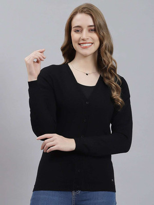 MONTE CARLO Solid Round Neck Casual Women Black Sweater