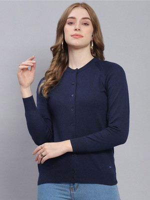 MONTE CARLO Solid Round Neck Casual Women Blue Sweater
