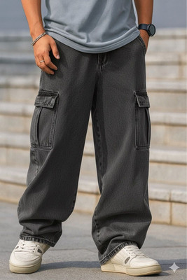 Hyraa Club Black Baggy Cargo Jeans | Relaxed Fit Streetwear with Pockets Men Cargos