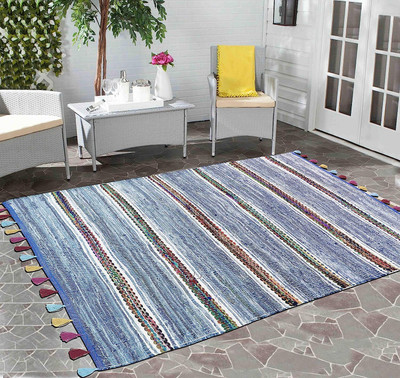 The Home Talk Blue Cotton Carpet(5 ft,  X 8 ft, Rectangle)