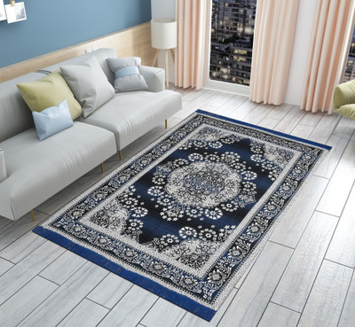 THE FRESH LIVERY Blue, Black Cotton Carpet(140 cm,  X 213 cm, Rectangle)