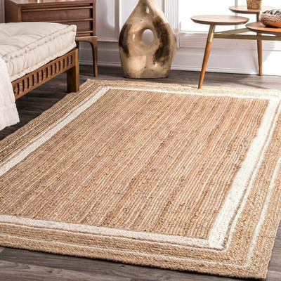 S.K Textile White, Beige Jute Carpet(3 cm,  X 5 cm, Rectangle)