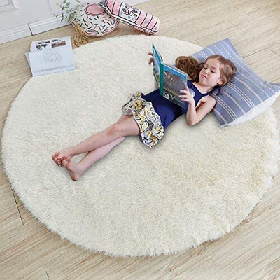 SR Handloom White Polyester Carpet(3 ft,  X 3 ft, Circle)