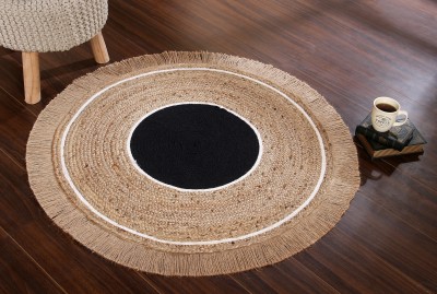 SASHAA WORLD Beige, Black, White Jute, Cotton Area Rug(3 cm,  X 3 cm, Circle)