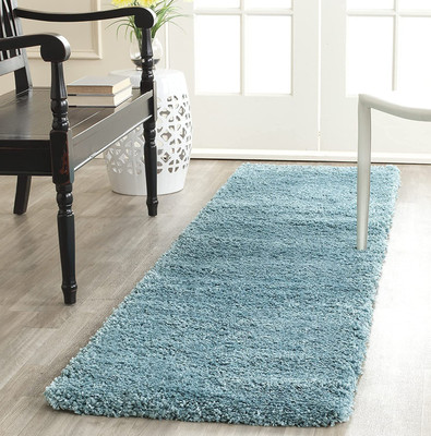 Shag Weaving Light Blue Polyester Carpet(2 ft,  X 6 ft, Rectangle)