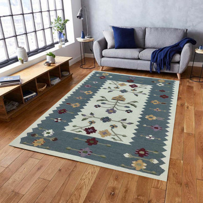 Prashia Collection Light Blue, White Wool Carpet(120 cm,  X 180 cm, Rectangle)