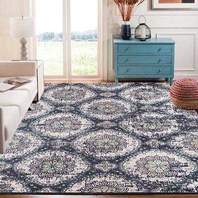 STATUS Blue Polyester Carpet(4 cm,  X 6 cm, Rectangle)