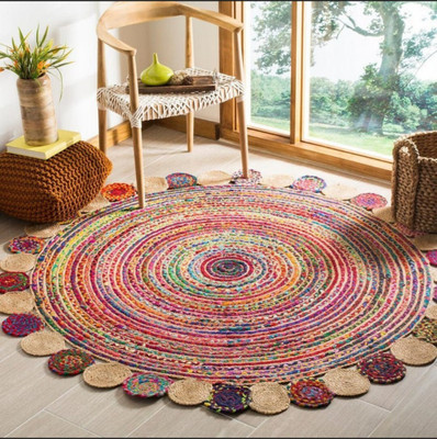 Jilani Handloom Rugs Multicolor Jute, Cotton Area Rug(6 ft,  X 6 ft, Circle)