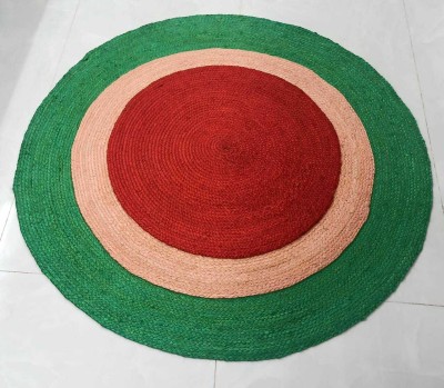 Stop To Shop Green, Peach, Red Jute Area Rug(4 ft,  X 4 ft, Circle)
