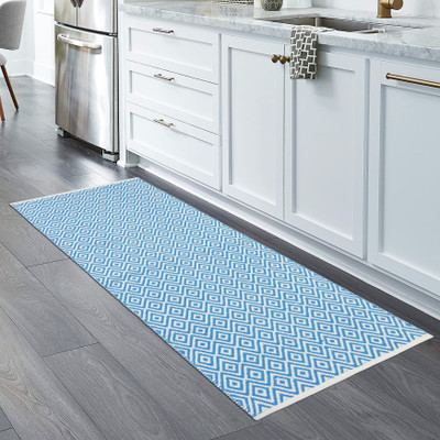 MDZ Light Blue, White Cotton Runner(2 ft,  X 5 ft, Rectangle)