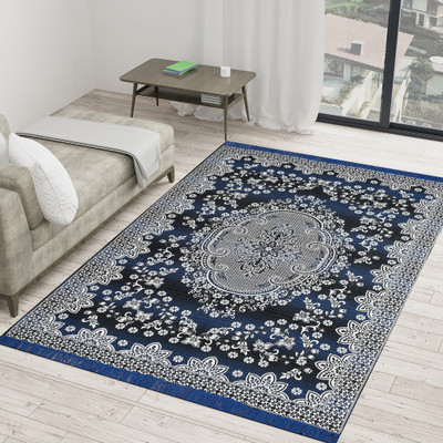 THE FRESH LIVERY Blue, Black Cotton Carpet(140 cm,  X 213 cm, Rectangle)