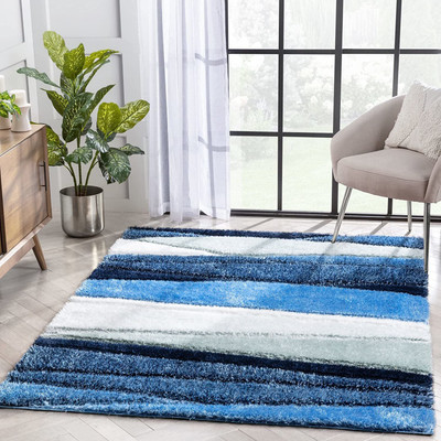 AyanCarpets Blue, White Polyester Carpet(3 ft,  X 5 ft, Rectangle)