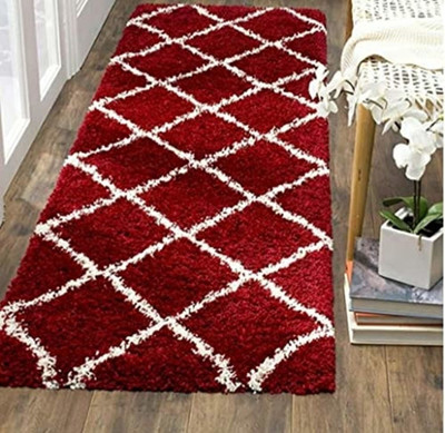 RM Handloom Red, White Polyester Runner(60 cm,  X 182 cm, Rectangle)