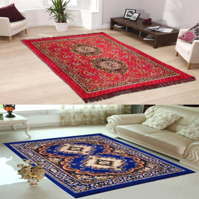 Shreejee Blue, Maroon Polyester Carpet(5 ft,  X 7 ft, Rectangle)
