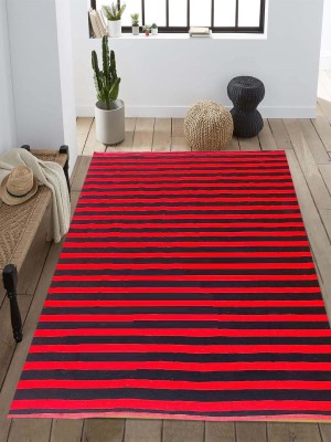 P&T Red, Black Cotton Dhurrie(7 ft,  X 10 ft, Rectangle)