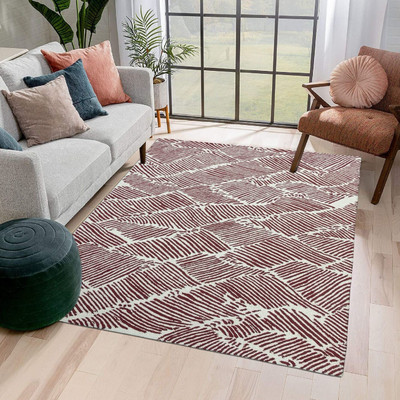 MRIC White, Maroon Wool Carpet(4 cm,  X 6 cm, Rectangle)
