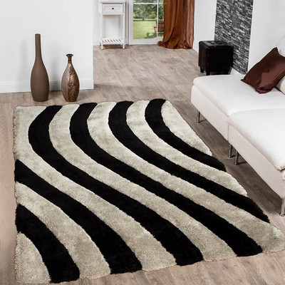 Shag Weaving Black Polyester Carpet(4 ft,  X 6 ft, Rectangle)