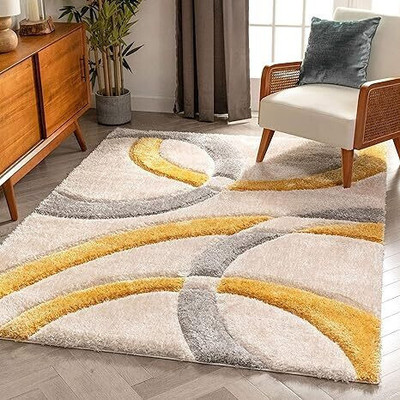 KAYNAT CARPET Yellow, White Polyester Carpet(120 cm,  X 180 cm, Rectangle)