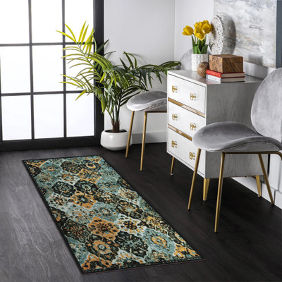 Story@home Blue, Black Polyester Runner(2 ft,  X 5 ft, Rectangle)