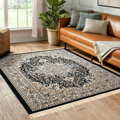 R CARPETS Black, White Silk Carpet(5 ft,  X 7 ft, Rectangle)