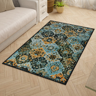 Story@home Blue, Black Polyester Carpet(3 ft,  X 5 ft, Rectangle)