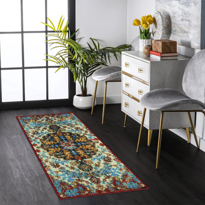 Story@home Beige, Blue Polyester Runner(2 ft,  X 5 ft, Rectangle)