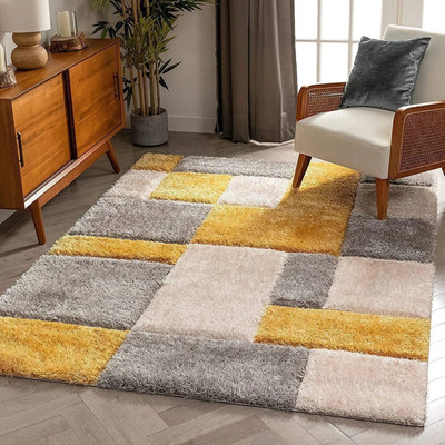 RM Handloom Grey, Yellow Polyester Carpet(5 cm,  X 3 cm, Rectangle)