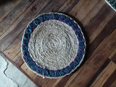 KADER Blue, White Jute Carpet(30 cm,  X 30 cm, Circle)